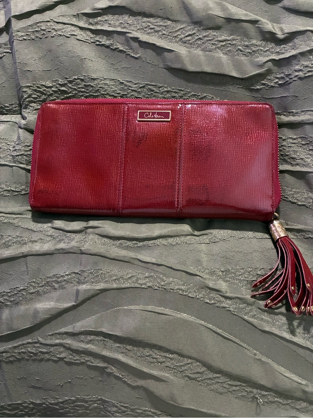 Cole Haan Red Leather Zip Wallet with Tassel